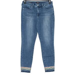 NYDJ Ami Skinny Jeans Embroidered Raw Hem Ankle Blue 8 Boho Casual Lift Tuck